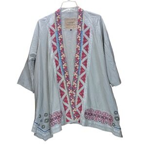 James Bryan Embroidered Linen Kimono Jacket Women Large Lagenlook Boho‎ Aztec